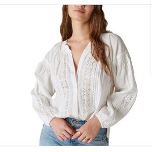 Lucky Brand Womens Relaxed Lace Open Neck Shirt XL in Bright White Cotton